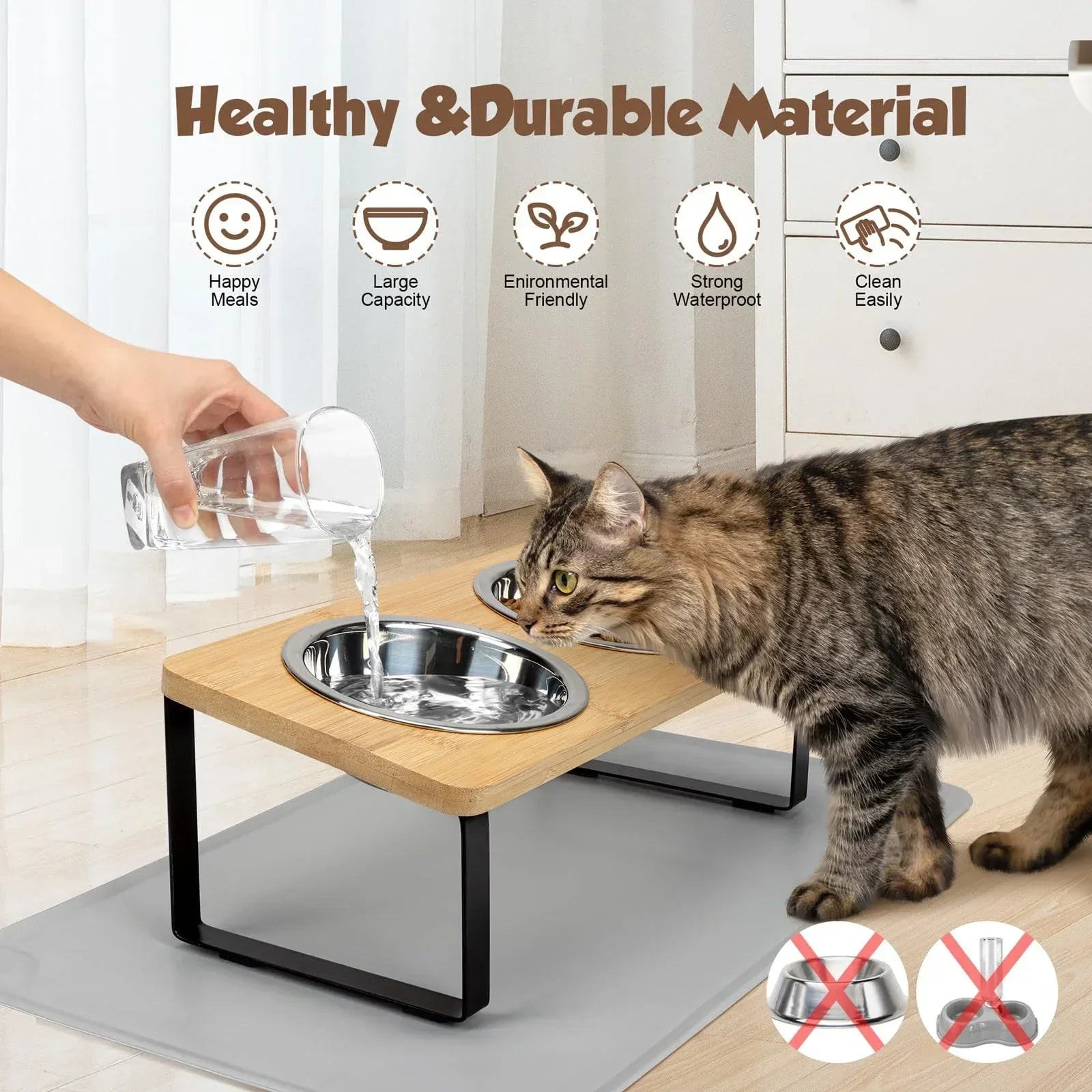 Tilted Stainless Steel Cat Bowls with Wooden Stand
